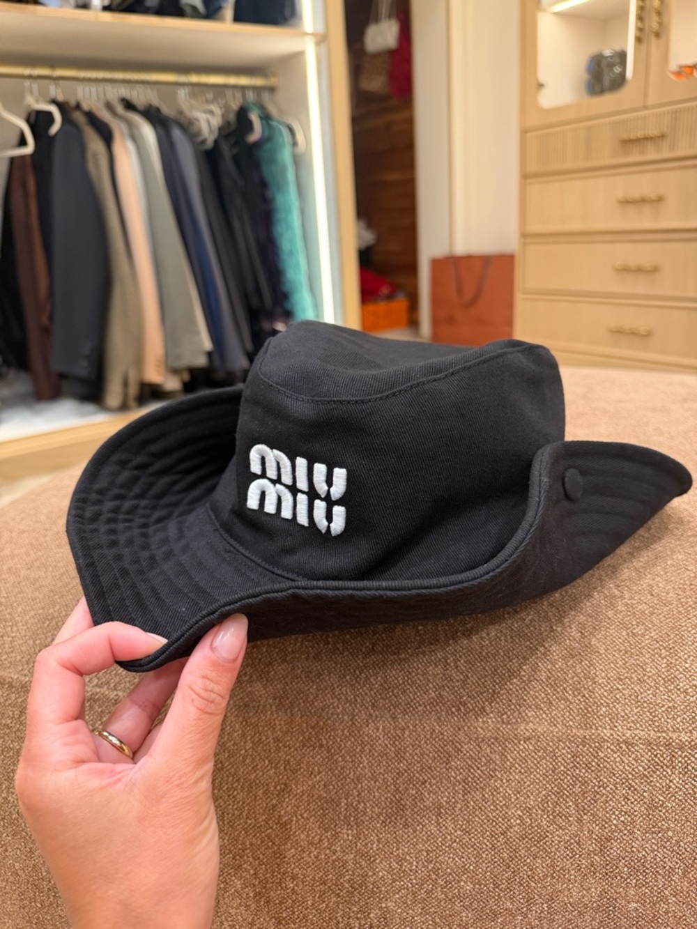 Miu Miu Black Bucket Cowboy Hat with White Logo